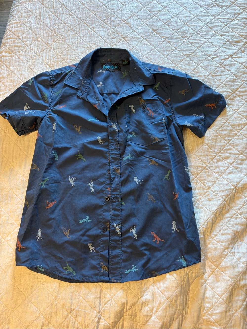 Boys Blue Dino-Print Short Sleeve Button-Up Shirt